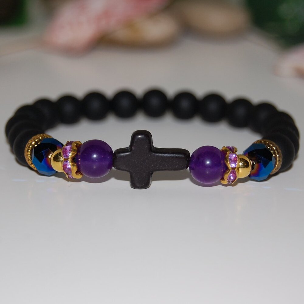 Cross Bracelet,Onyx Bracelet,Cross Onyx Stone Beads Bracelet,Onyx & Colorful Bea